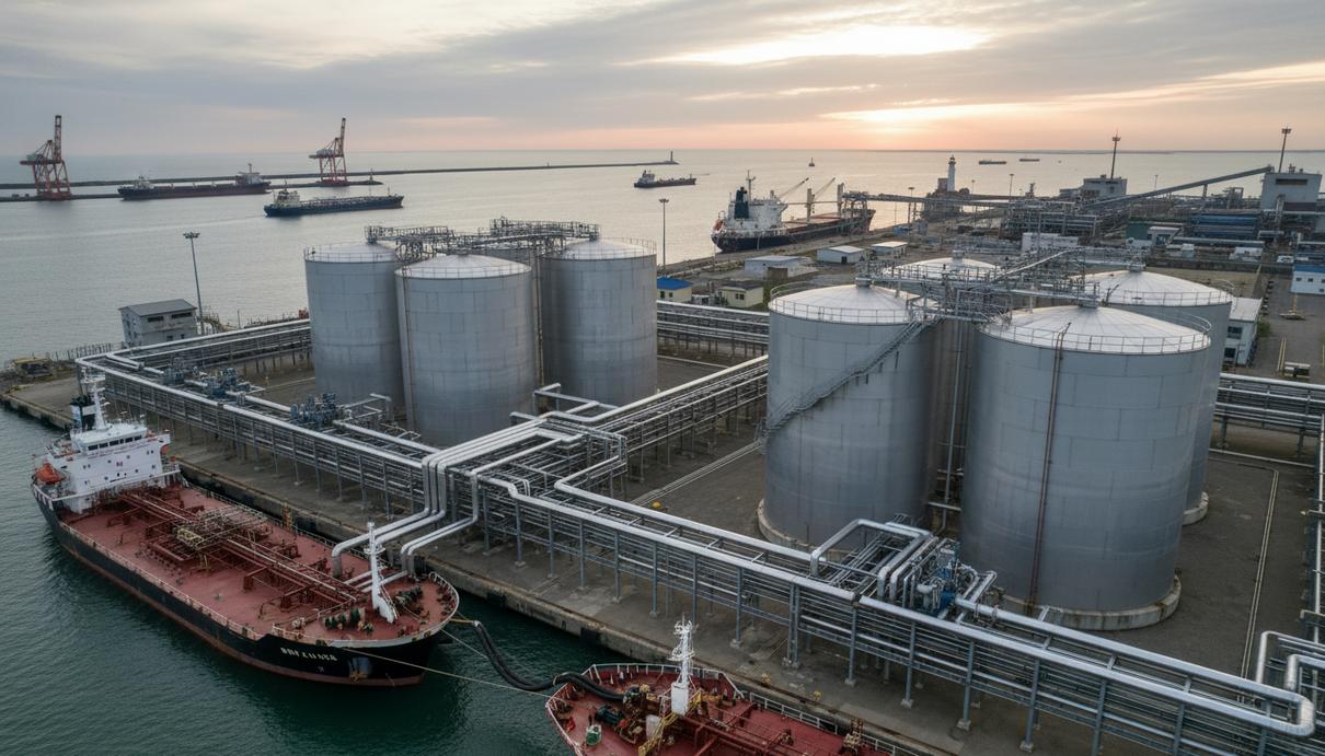 Серебристые промышленные резервуары и сложная система труб на территории прибрежного терминала