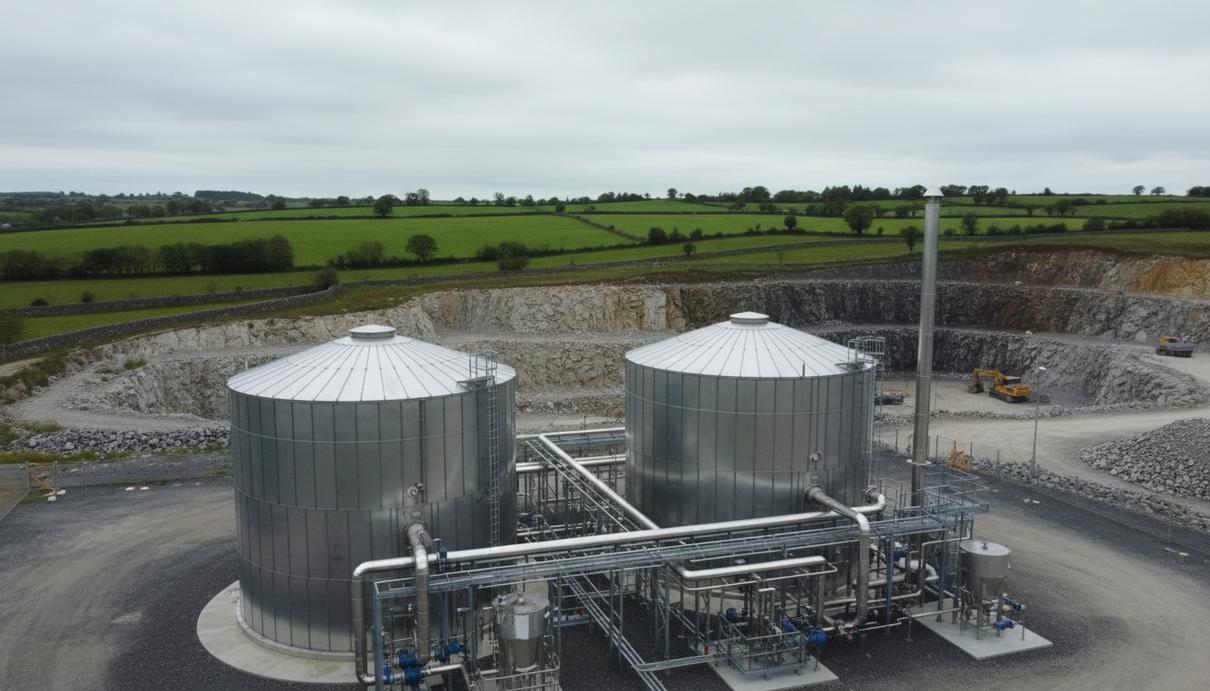 Современный биогазовый завод с металлическими резервуарами и трубопроводами на фоне промышленного карьера
