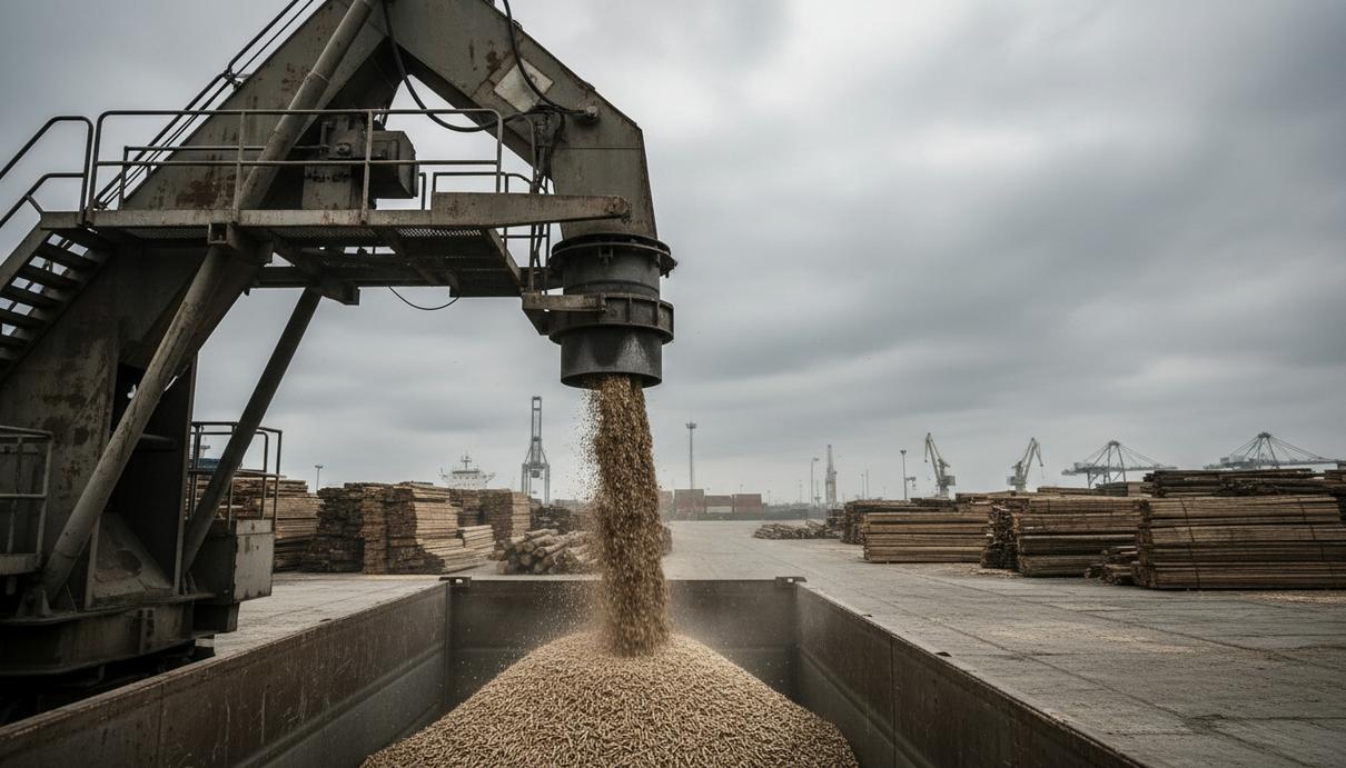 Древесные гранулы в промышленном контейнере на территории грузового порта на фоне штабелей лесоматериалов.