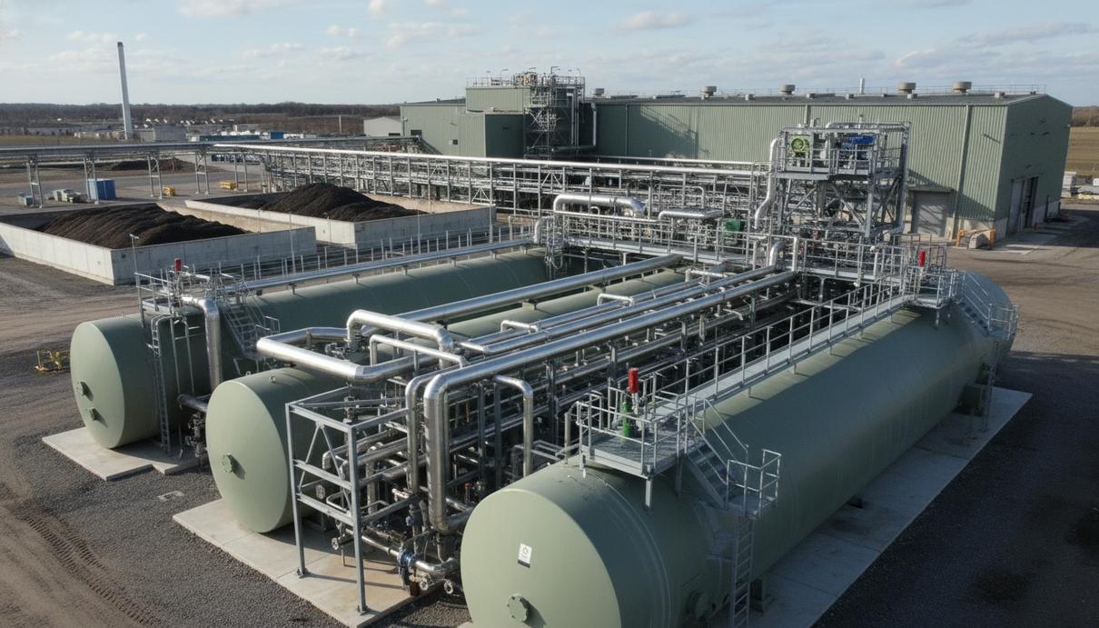 Промышленный завод с крупными зелеными резервуарами и сетью труб для переработки органики.