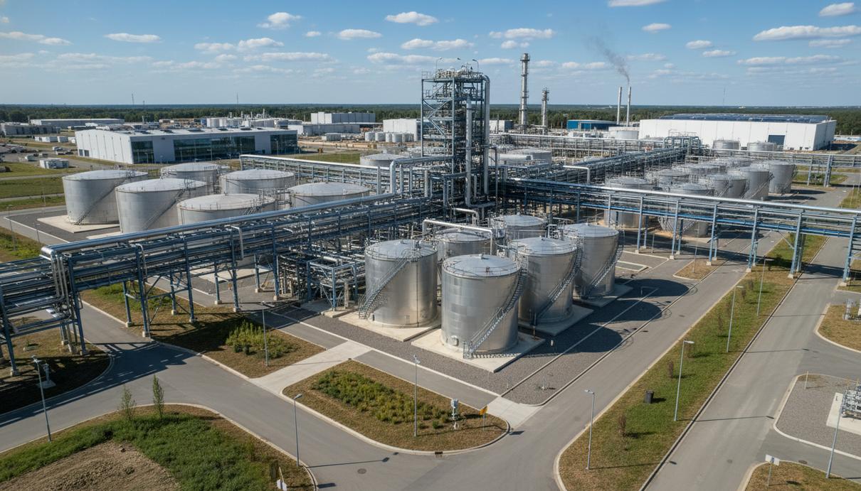 Металлические конструкции, резервуары и переплетения труб на территории современного промышленного завода.