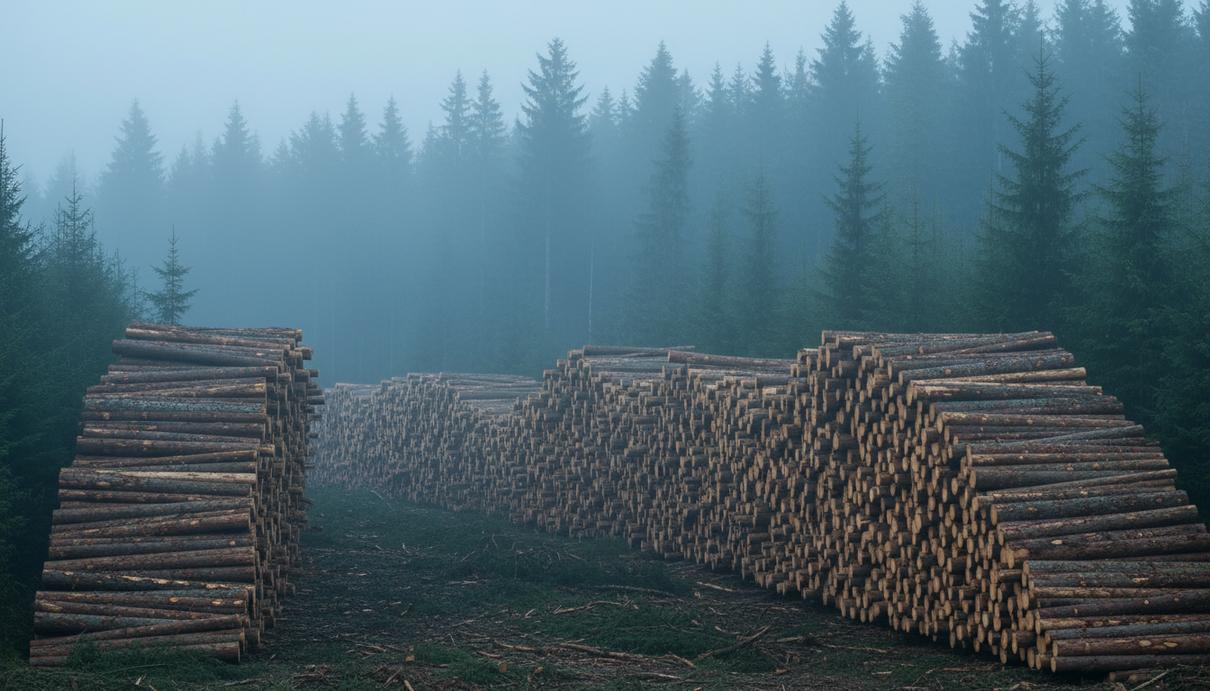 Штабеля спиленных сосновых бревен на лесной просеке на фоне хвойных деревьев в тумане