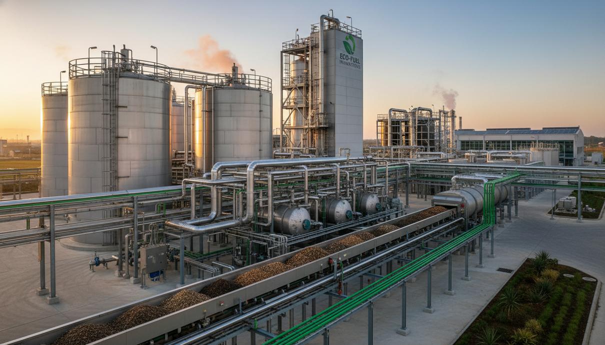 Промышленная площадка завода по производству биотоплива со стальными цистернами и сетью трубопроводов.