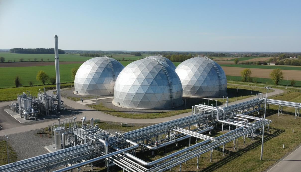 Современный биометановый завод с купольными резервуарами и трубопроводами в сельской местности
