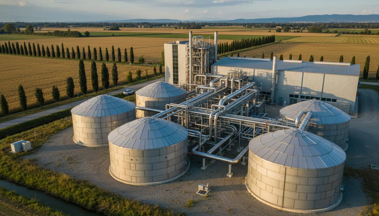 Промышленный комплекс по производству биометана с металлическими резервуарами на фоне сельской местности