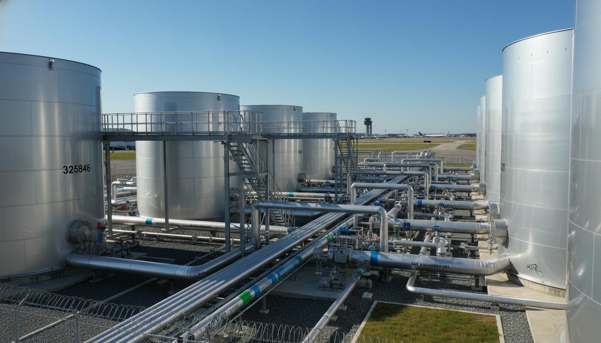 Промышленные резервуары для хранения авиационного топлива с системой трубопроводов в аэропорту