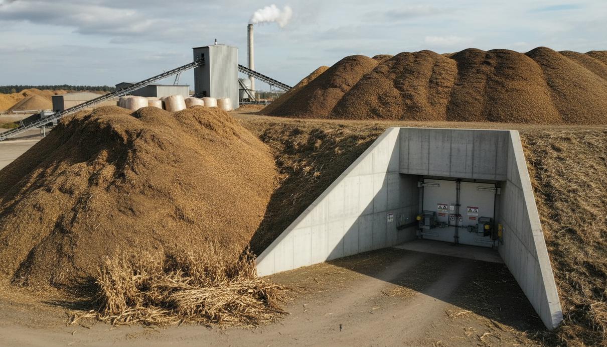 Древесная щепа и растительные остатки на промышленной площадке рядом с бетонным входом в подземное хранилище