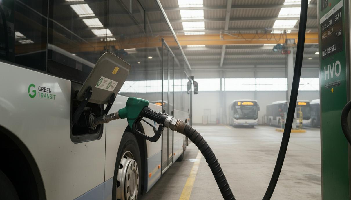 Современный пассажирский автобус на промышленной заправочной станции в транспортном депо