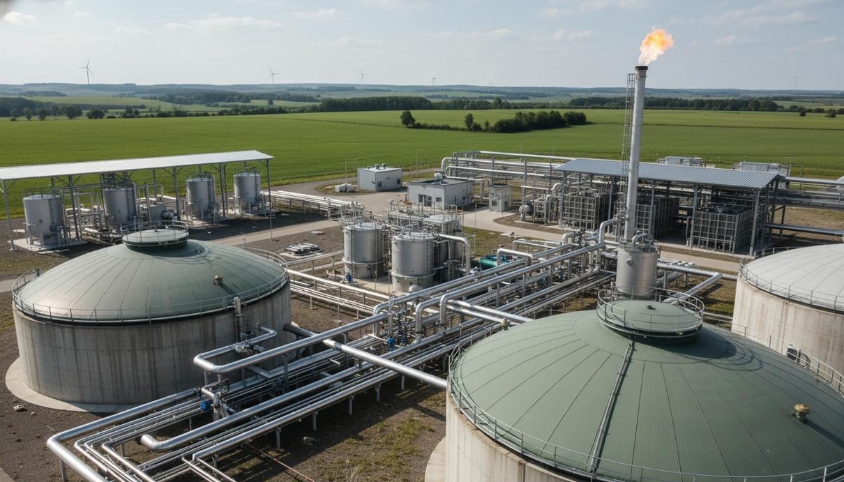 Промышленный комплекс по производству биометана с крупными резервуарами и сетью стальных трубопроводов.