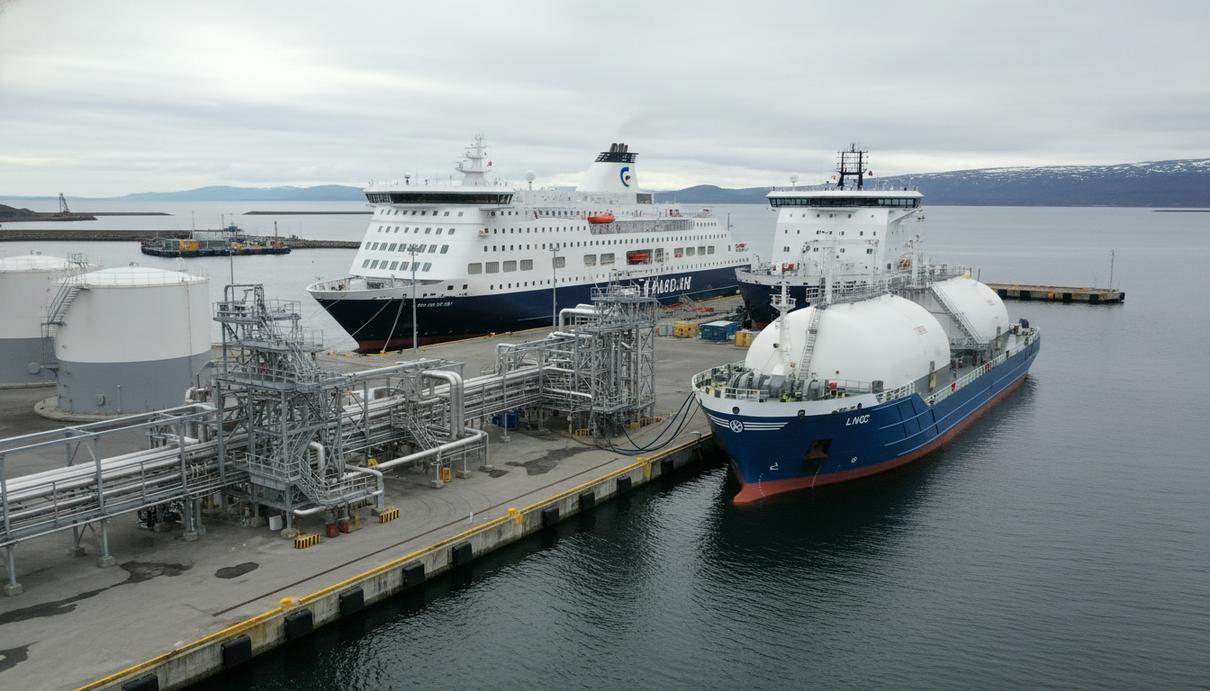 Современный паром и грузовое судно у промышленного терминала по заправке биометаном в морском порту.