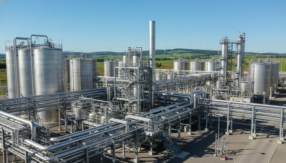 Промышленные резервуары и трубопроводы завода по производству биоэтанола на фоне чистого неба