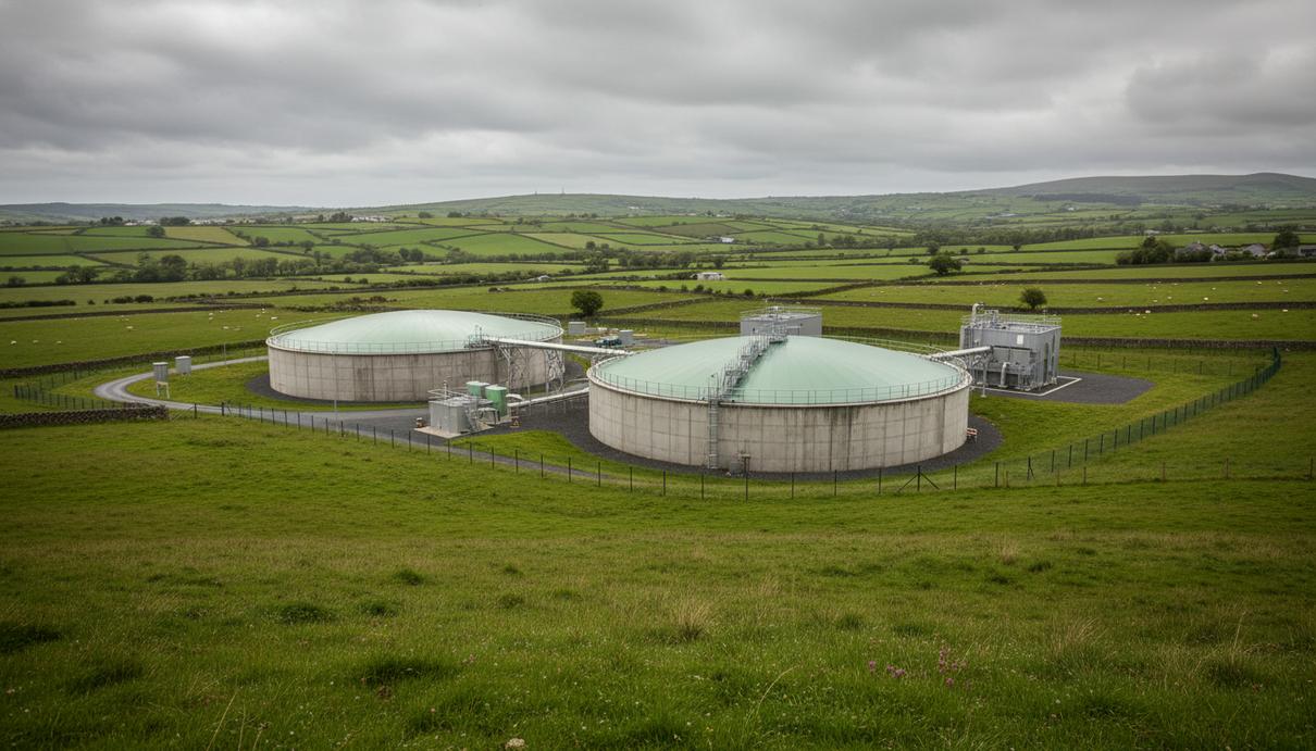 Современный биометановый завод с круглыми резервуарами на фоне зеленых ирландских пастбищ