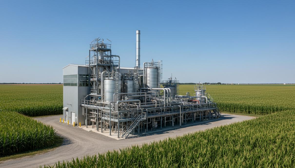 Промышленный комплекс по переработке биотоплива со стальными резервуарами посреди кукурузного поля.