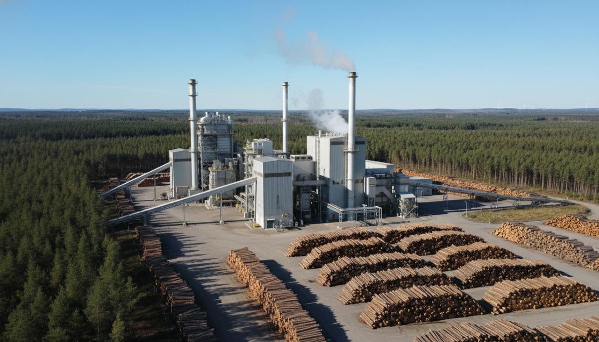 Промышленная биоэнергетическая установка на фоне леса с аккуратно сложенными штабелями древесных бревен.
