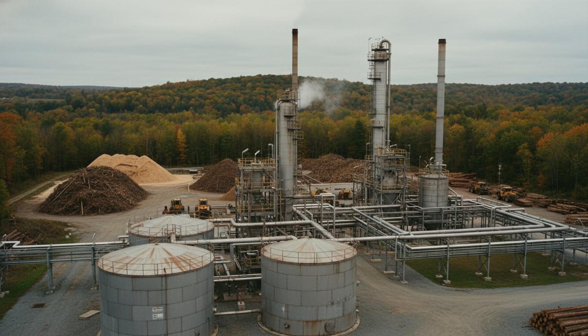 Промышленный завод по переработке биомассы с металлическими резервуарами и штабелями древесины на фоне леса.