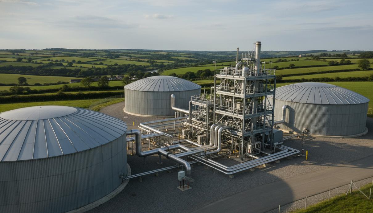 Промышленный комплекс по производству биометана с большими круглыми резервуарами и сетью труб в сельской местности.