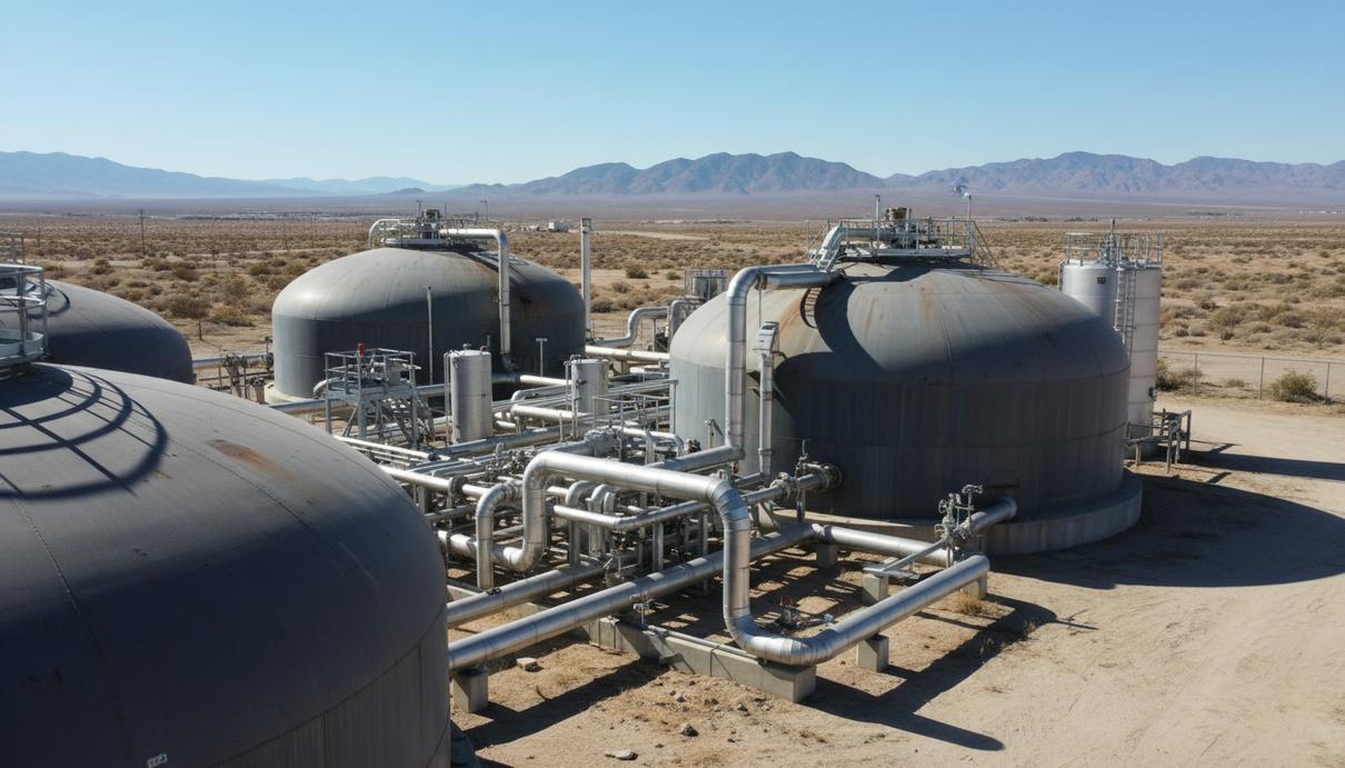 Промышленные резервуары и трубы установки по производству биометана на фоне горного ландшафта Калифорнии.