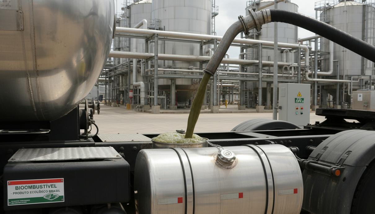 Процесс заправки грузового автомобиля биотопливом на фоне промышленного предприятия с цистернами