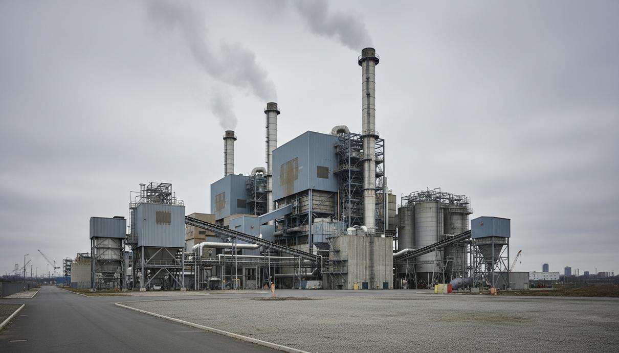 Индустриальное здание завода по переработке отходов с высокими трубами на фоне пасмурного неба