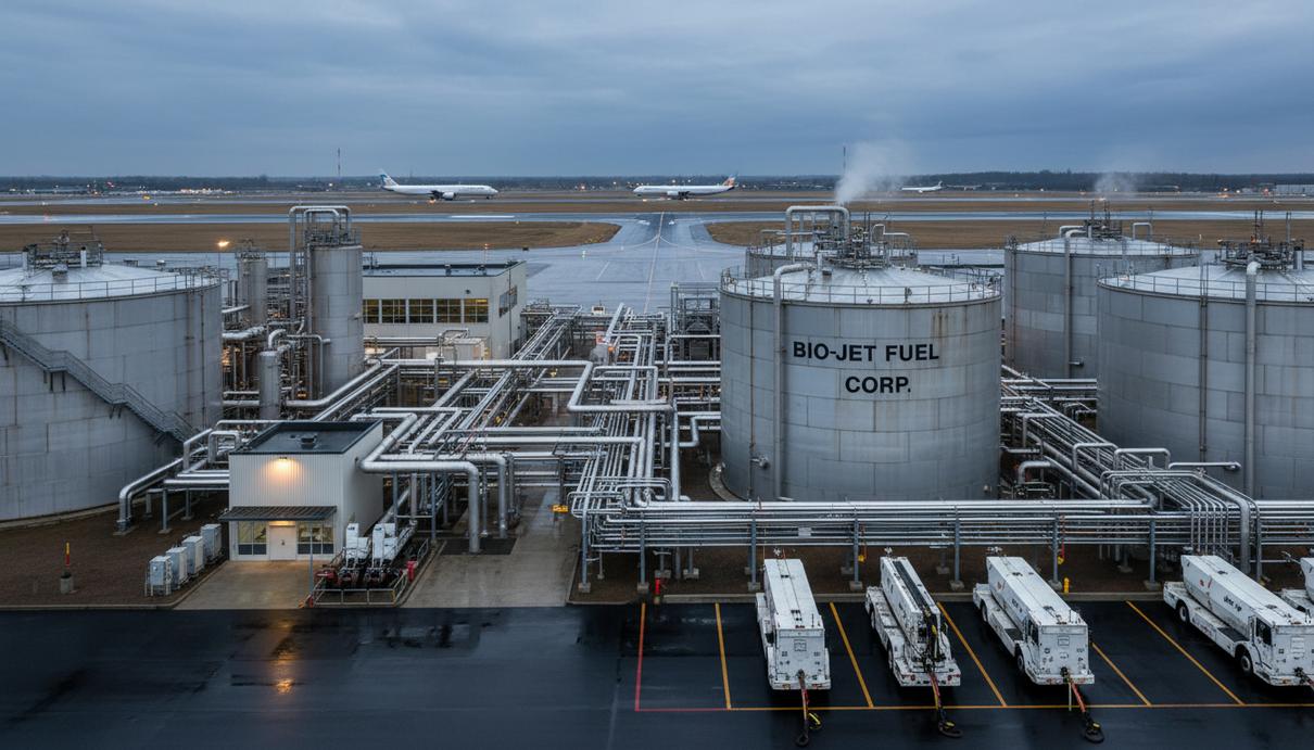 Промышленные резервуары и оборудование для заправки биокеросином на территории аэропорта