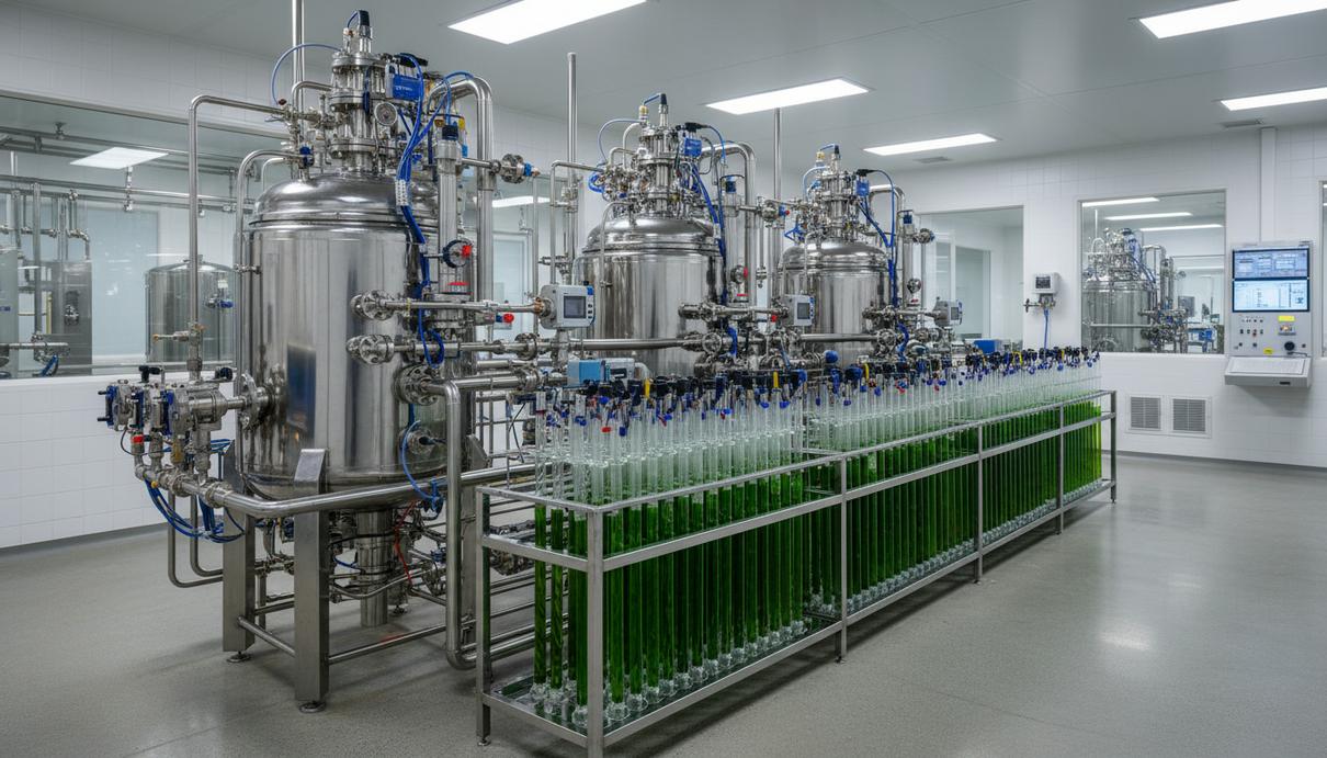 Промышленное оборудование биоэнергетической лаборатории со стальными емкостями и стеклянными трубками