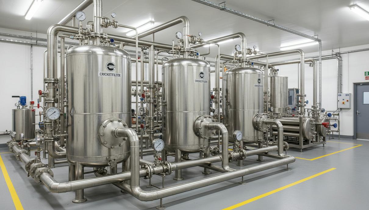 Промышленные стальные фильтры и трубопроводы в цеху завода по производству биотоплива.