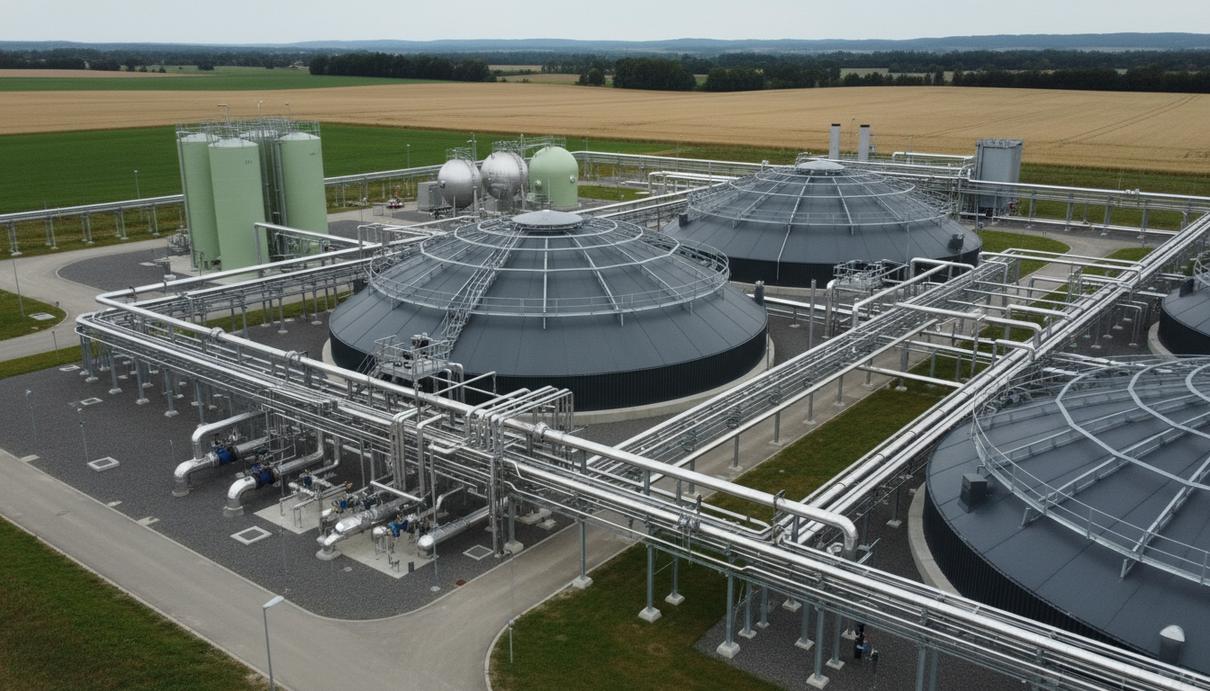 Промышленный комплекс по производству биометана с купольными резервуарами и сетью металлических трубопроводов