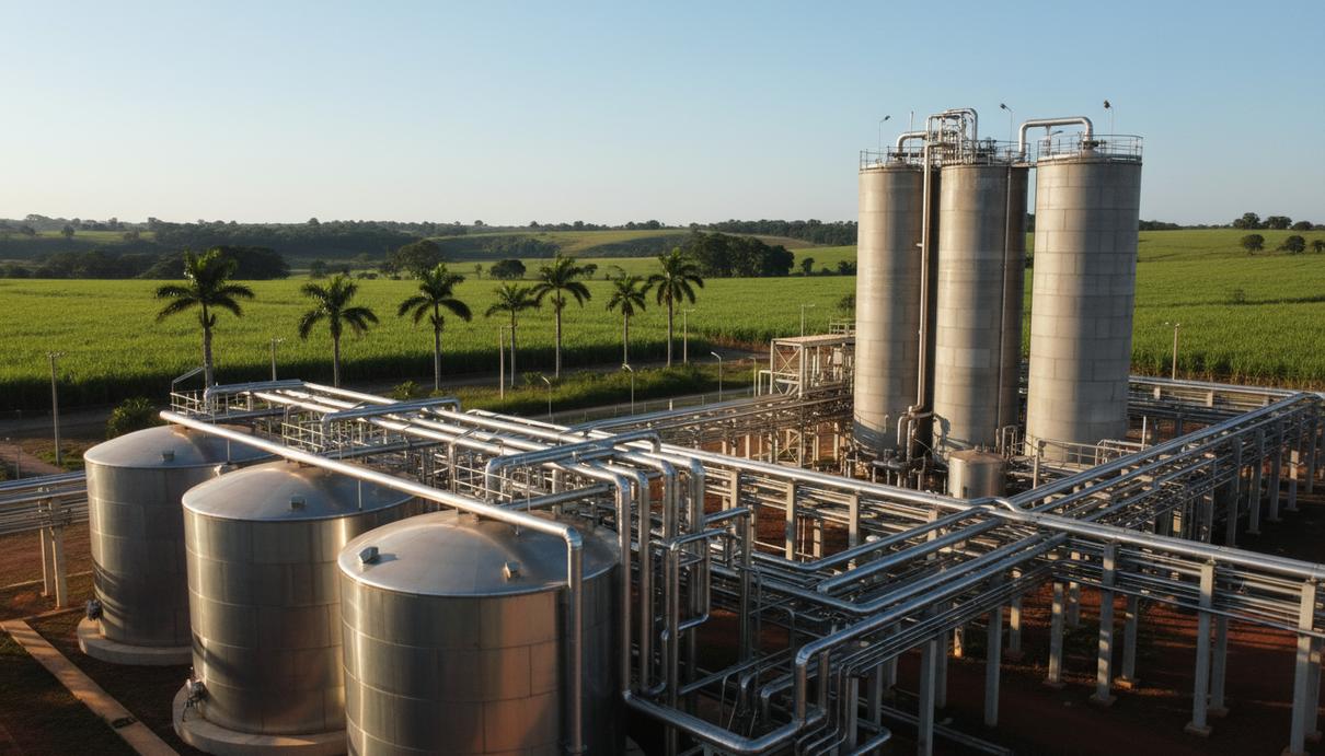 Промышленные ферментационные резервуары и трубопроводы завода по производству биотоплива в Бразилии