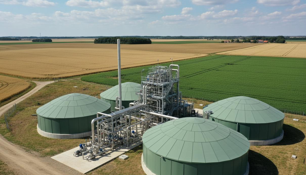 Промышленный комплекс по производству биометана с резервуарами и трубопроводами среди полей