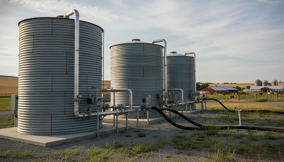 Промышленные резервуары биогазовой установки и система стальных труб на фоне сельских полей