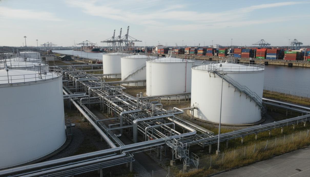 Промышленные резервуары и трубопроводы на территории терминала по хранению топлива в порту