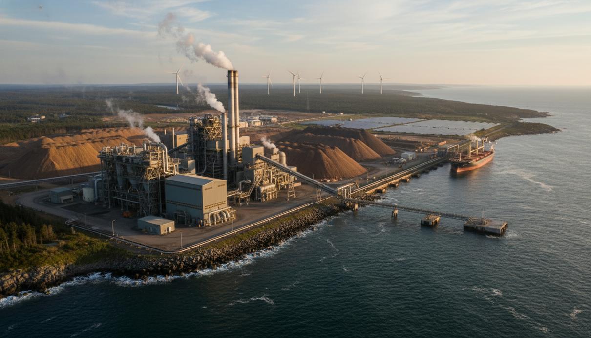 Завод по производству авиатоплива на морском побережье с ветрогенераторами и грудами древесины