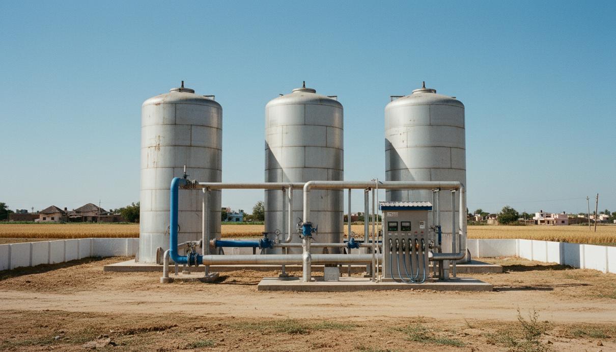 Промышленные резервуары и трубопроводы установки по производству биогаза в индийском штате Гуджарат.