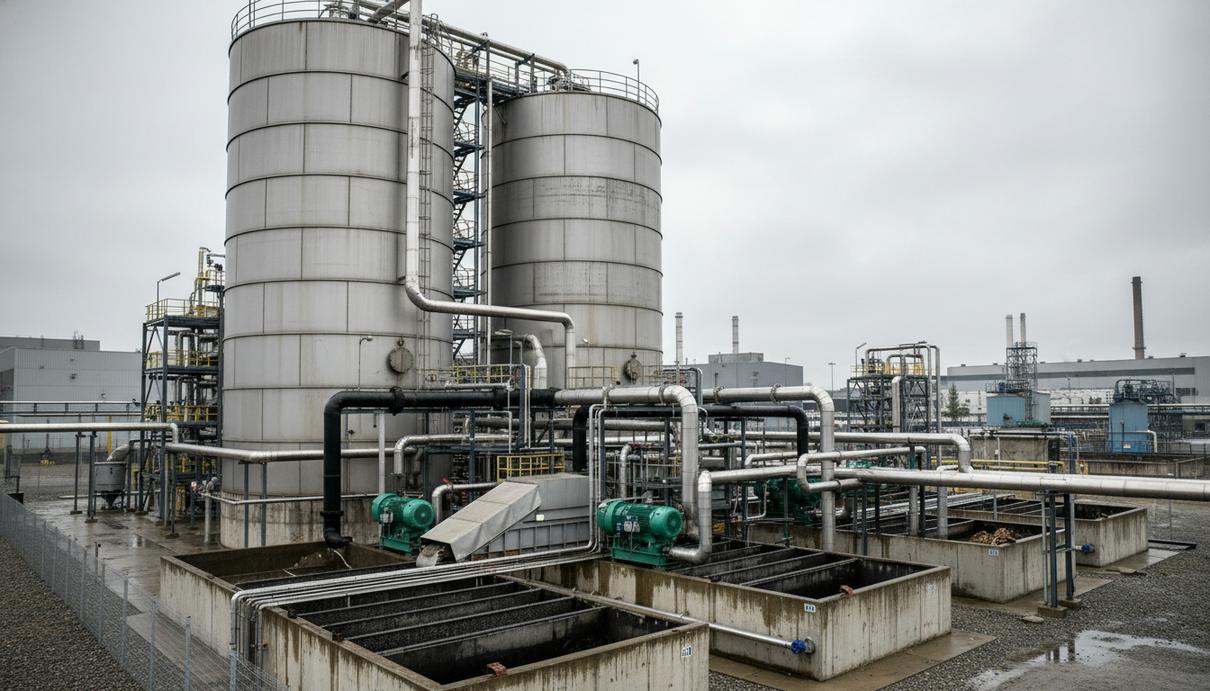 Промышленные резервуары и системы труб завода по переработке пищевых отходов на открытой площадке