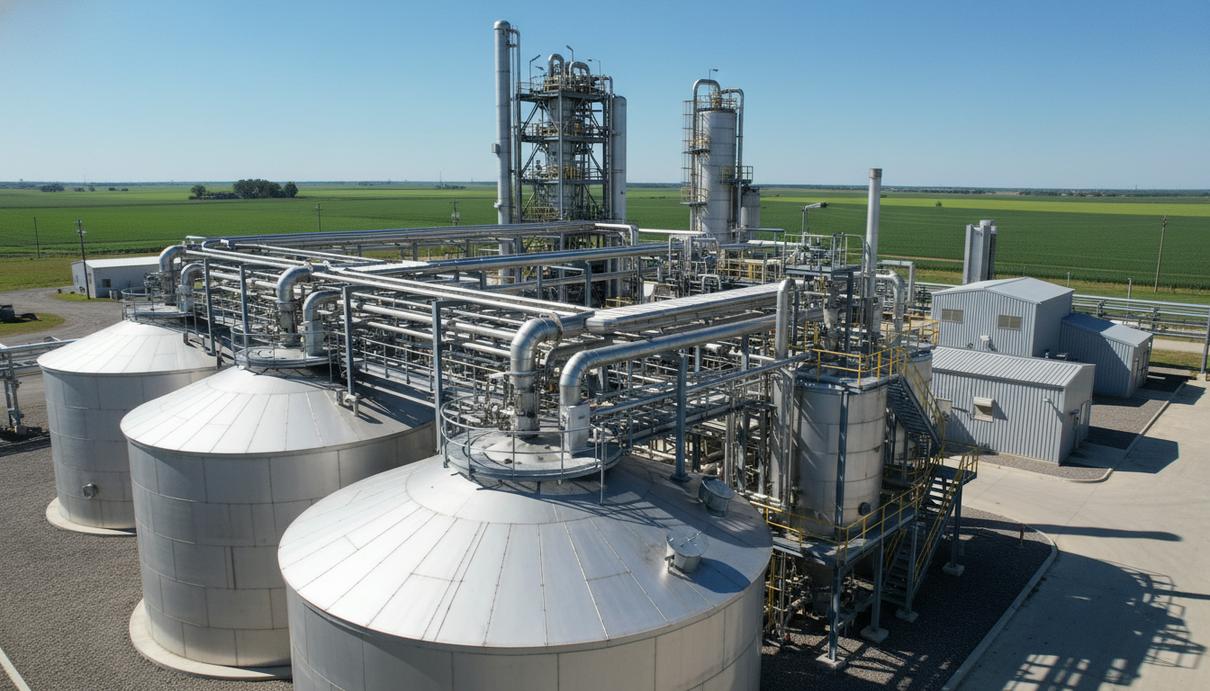 Серебристые ферментационные чаны и сеть трубопроводов на территории промышленного предприятия