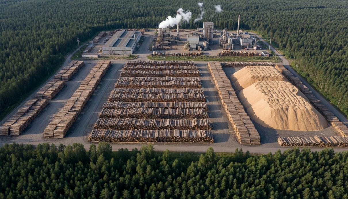 Склад древесных бревен и горы щепы на территории промышленного предприятия на фоне густого леса