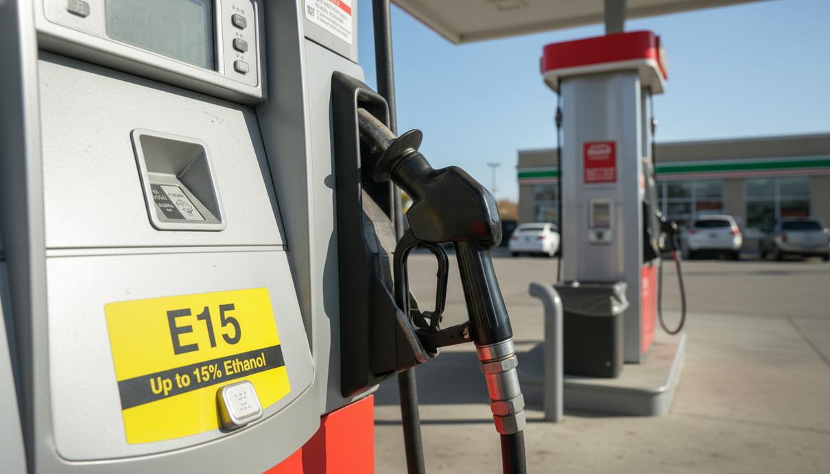 Топливозаправочный пистолет на автозаправочной станции с ярко-желтой наклейкой бензина E15 на панели