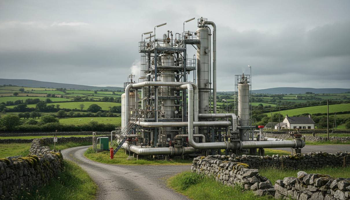 Промышленные газовые трубы и запорная арматура на фоне сельской местности в Ирландии.