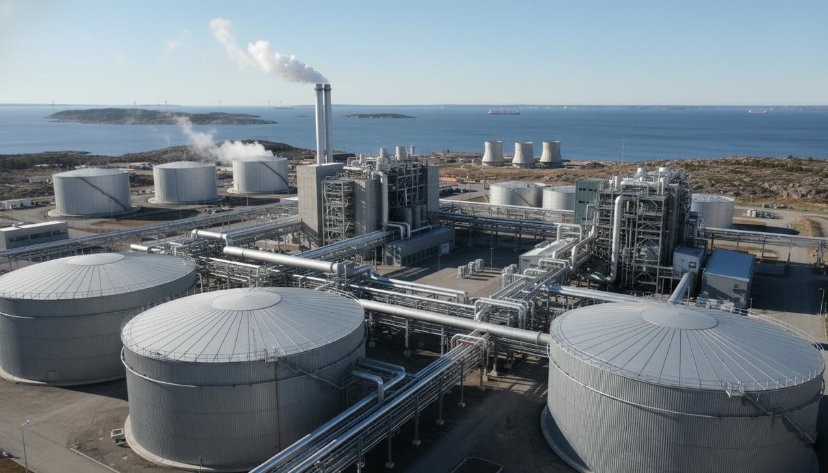 Промышленный объект системы улавливания и хранения углерода на фоне северного прибрежного пейзажа