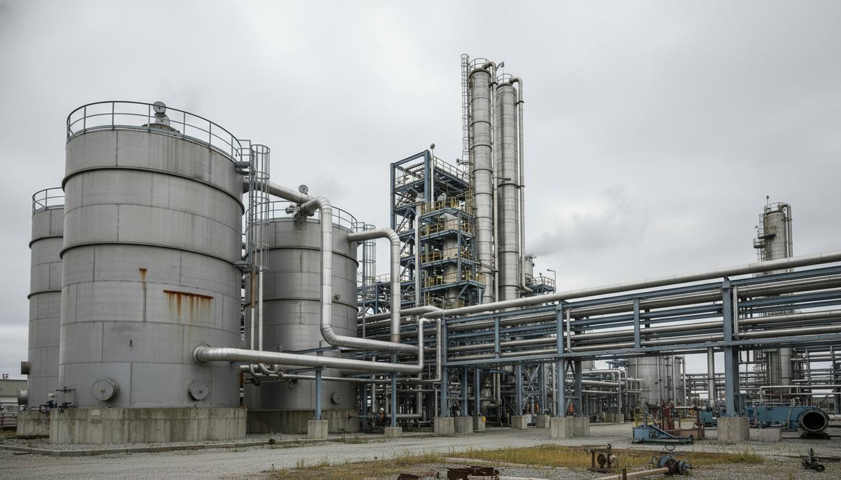 Вид на промышленную площадку биозавода с высокими стальными колоннами и сетью трубопроводов