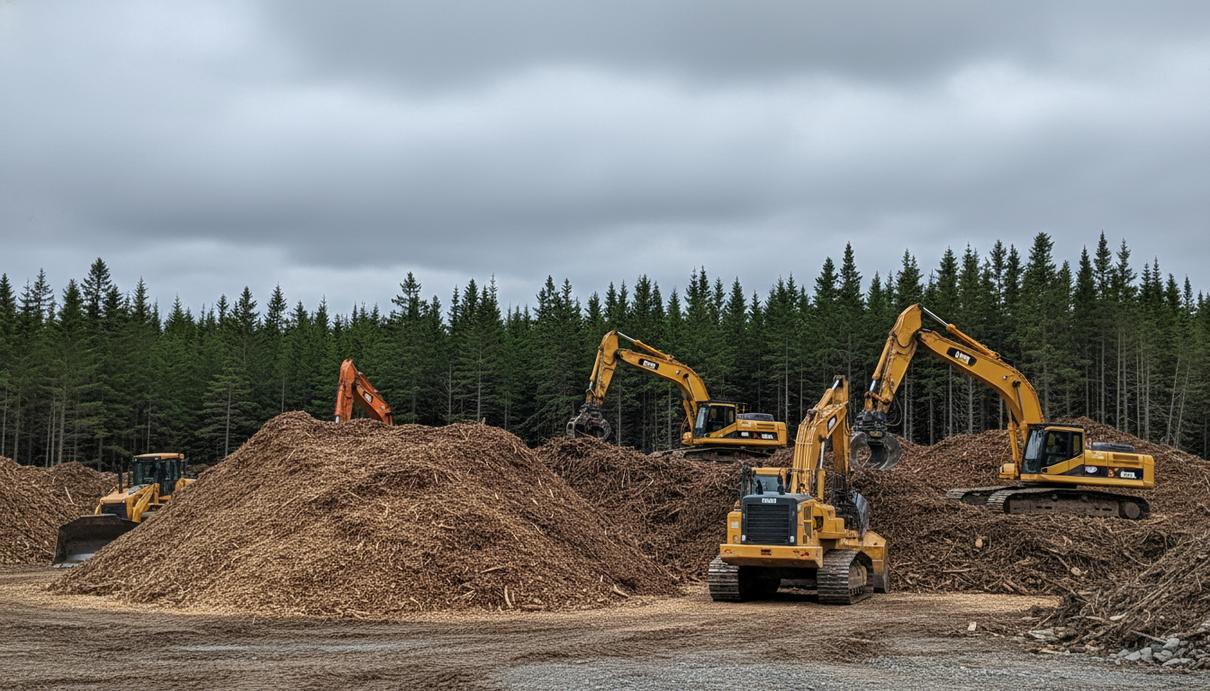 Промышленная площадка по переработке древесных отходов на фоне хвойного леса и пасмурного неба