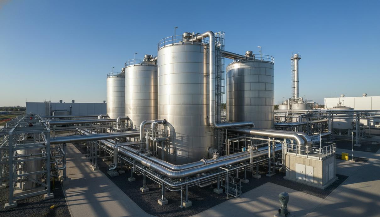 Современный комплекс по производству биогаза с большими металлическими резервуарами и системой трубопроводов.