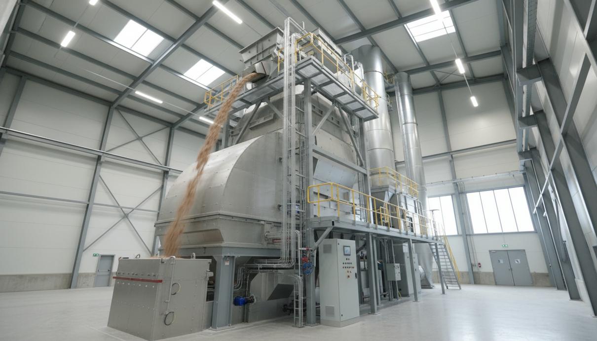 Промышленный котел на биомассе и запасы древесных пеллет в современном техническом помещении