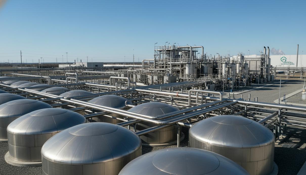 Промышленный объект с металлическими резервуарами и сетью трубопроводов для производства водорода.