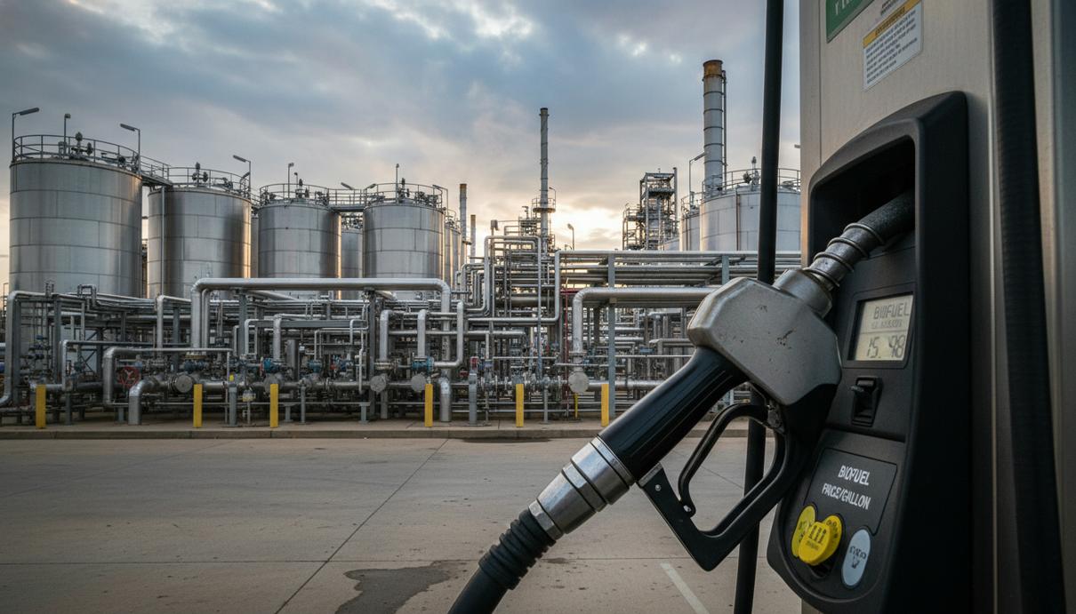 Промышленные резервуары и топливозаправочное оборудование на станции для заправки грузового транспорта