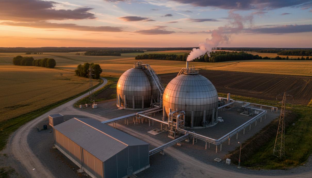 Современная биогазовая станция с купольными резервуарами и трубопроводами на фоне сельского ландшафта.