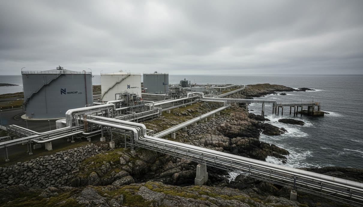 Промышленный терминал со специализированными резервуарами и трубопроводами на скалистом берегу моря