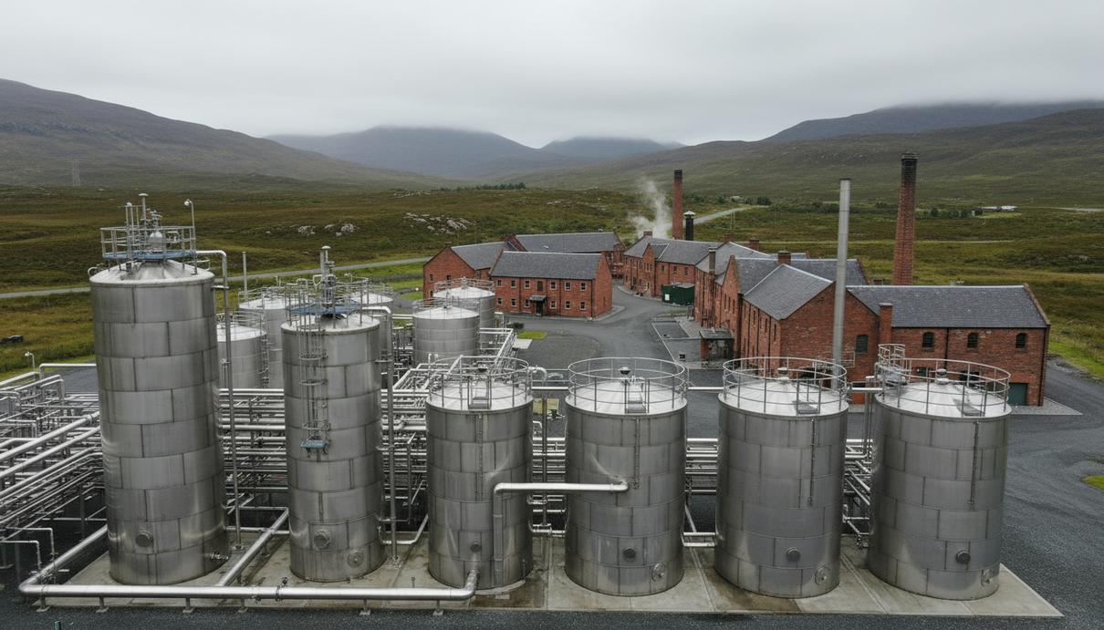 Промышленные стальные резервуары и трубы биоперерабатывающего завода на фоне старинной вискикурни