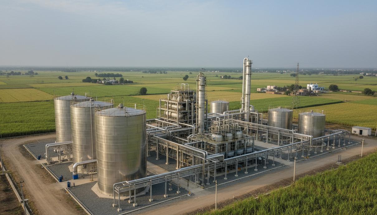 Промышленный комплекс с металлическими трубопроводами и емкостями на фоне сельскохозяйственного ландшафта.