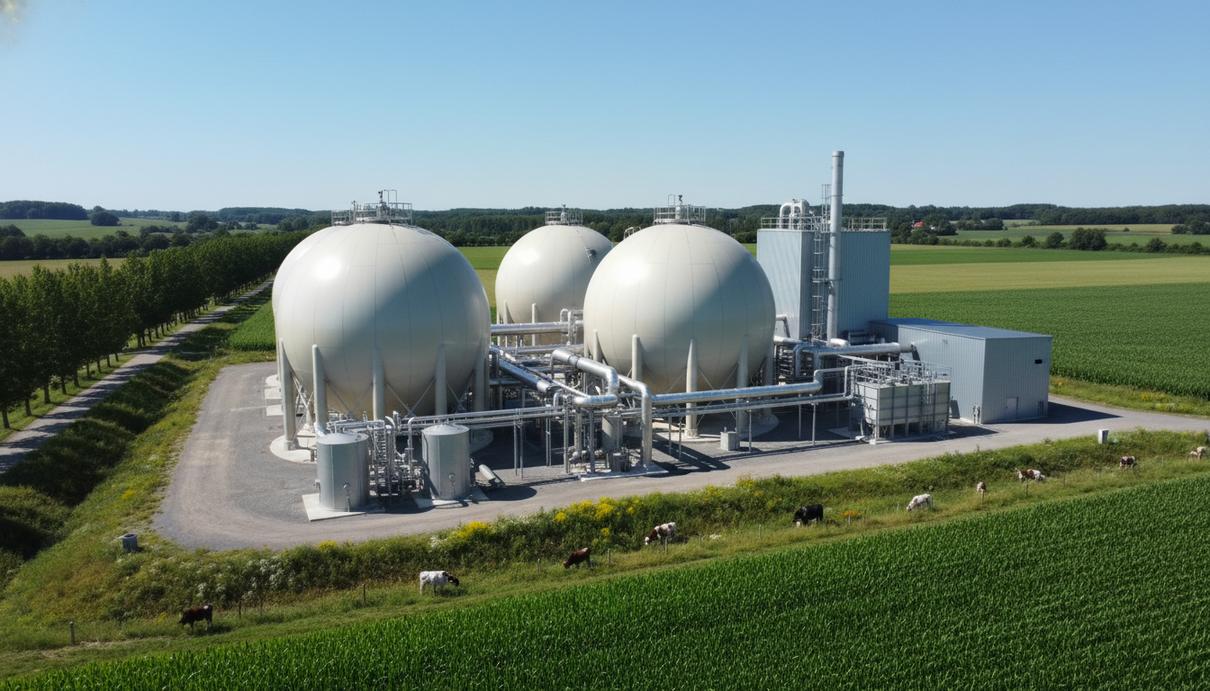 Современный промышленный завод по производству биогаза с большими резервуарами на фоне фермерского поля.